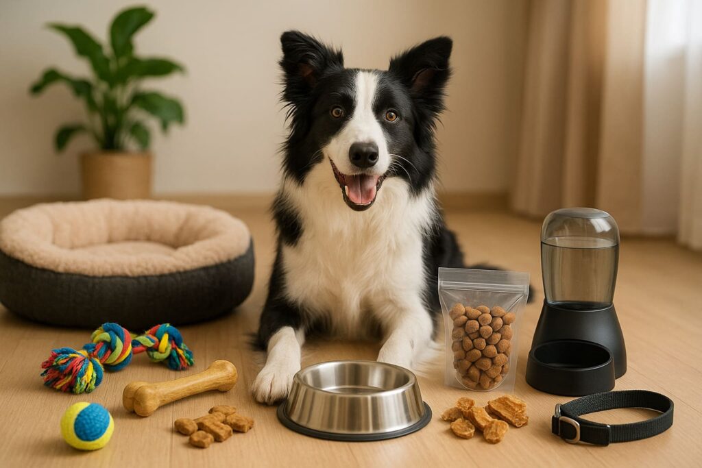 Cachorro da raça Border Collie deitado em frente a seus acessórios, incluindo cama, brinquedos, coleira, pote de água, ração e petiscos.